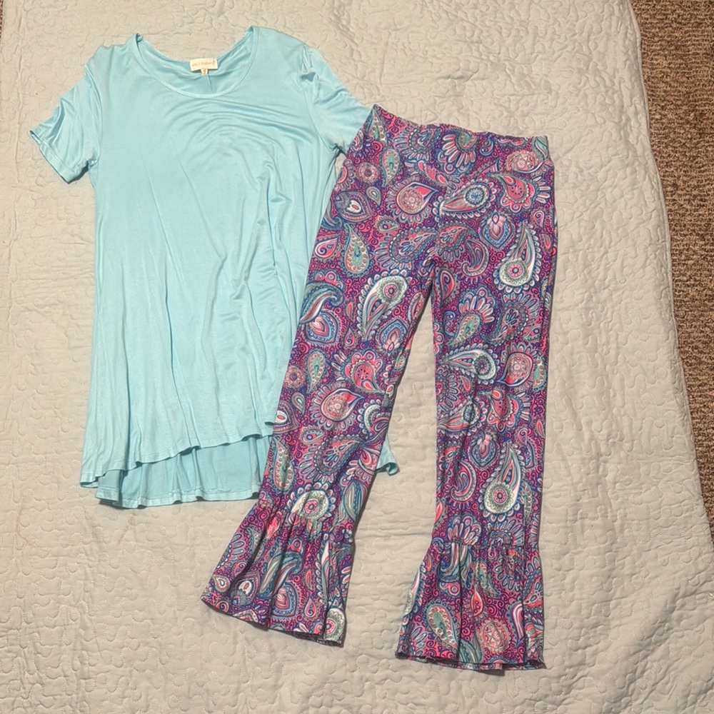 Simply Southern Blue Top and Paisley Flare Pants Set